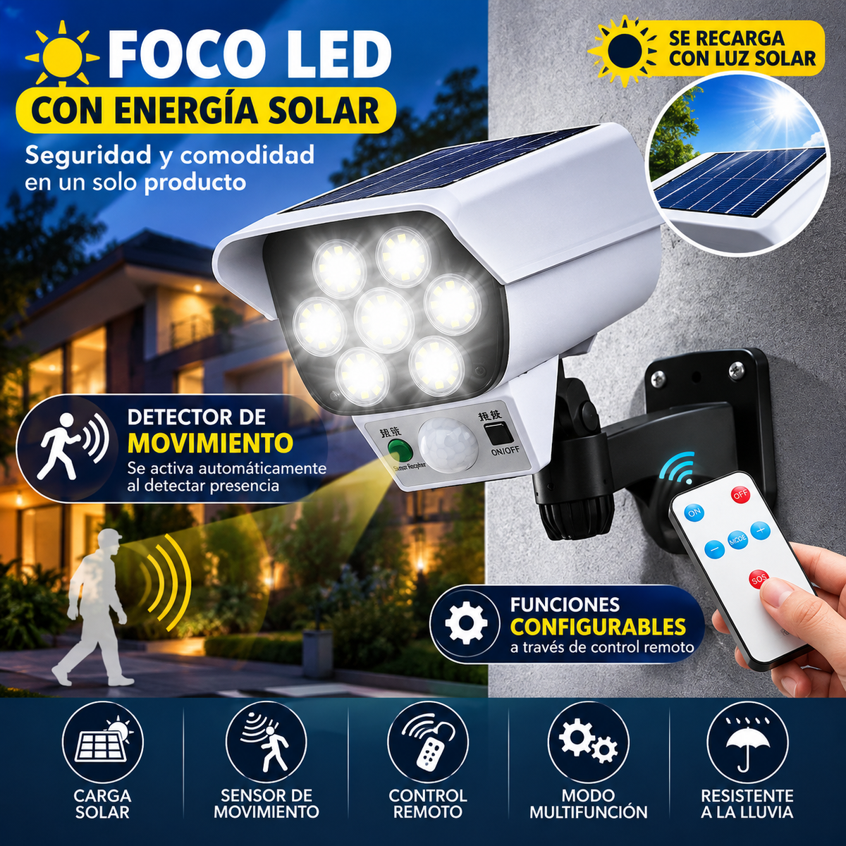 Foco de luz con sensor de movimiento. (Recarga solar)